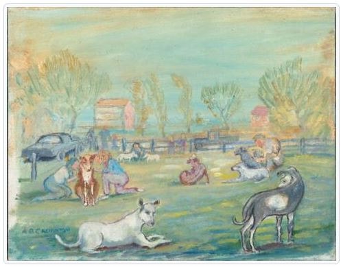 The Dog Show, a painting by Alan Creighton depicting dogs and people in a pastel outdoor landscape
